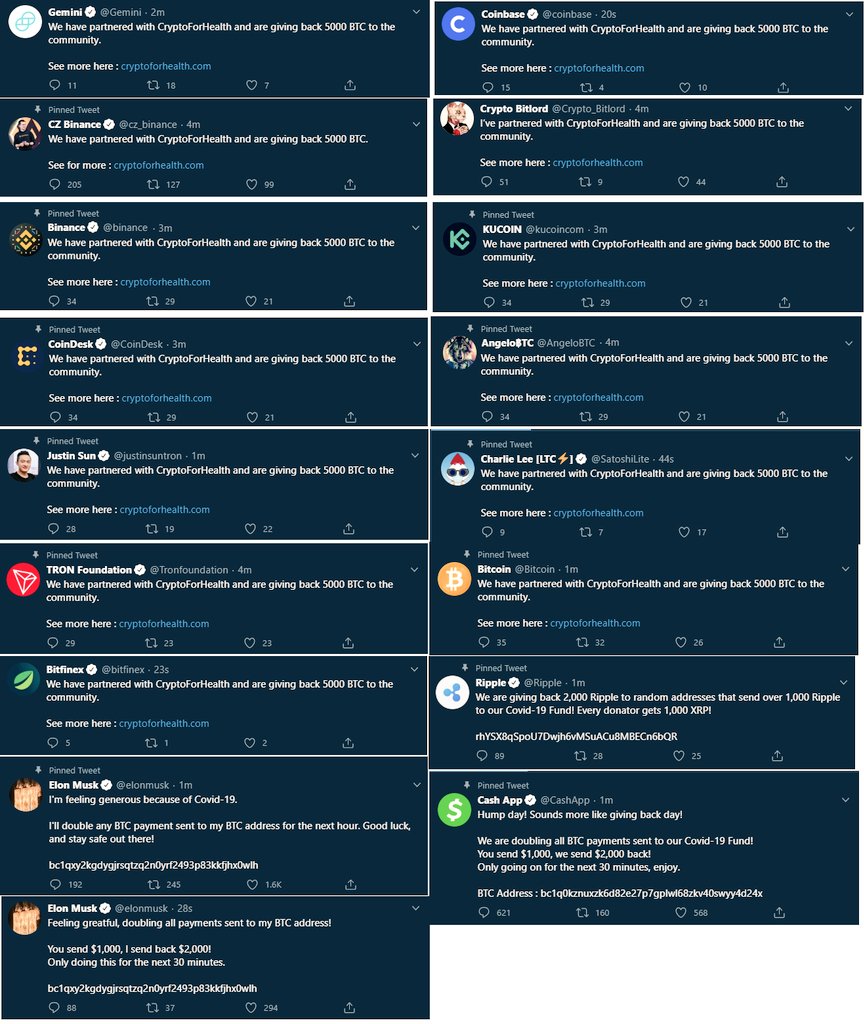 hackeo de twitter Bitcoin 160720 Cuentas asociadas con las criptomonedas que formaron parte del gran hackeo de Twitter, solicitando Bitcoin como "donación".