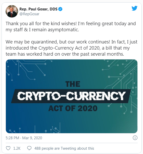 Diputado republicano, Paul Gosar, representa ley regulatoria que ballena Bitcoin Joe007, califica como una amenaza para la libertad financiera de las criptomonedas. Fuente: Twitter