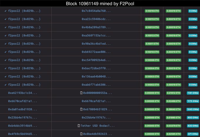 Investigador Frank Topbottom ofreció algunas pruebas de cómo, según él, los mineros de Ethereum manipulan los bloques. Fuente: @Frankresearcher