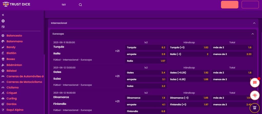 Sección de apuestas de deportes en TrustDice. Fuente: TrustDice.