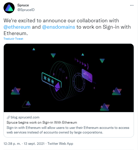 La empresa Spruce, anunció vía Twitter su asociación con Ethereum para desarrollar una herramienta de inicio de sesión seguro mediante billeteras digitales. Fuente: Twitter