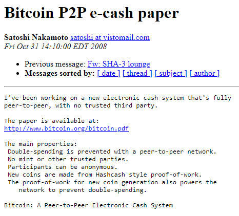 "Bitcoin P2P e-cash paper" fue el título del white paper de Satoshi Nakamoto, el cual dio el primer paso a la revolución de las criptomonedas en el mundo. Fuente: Metzdow